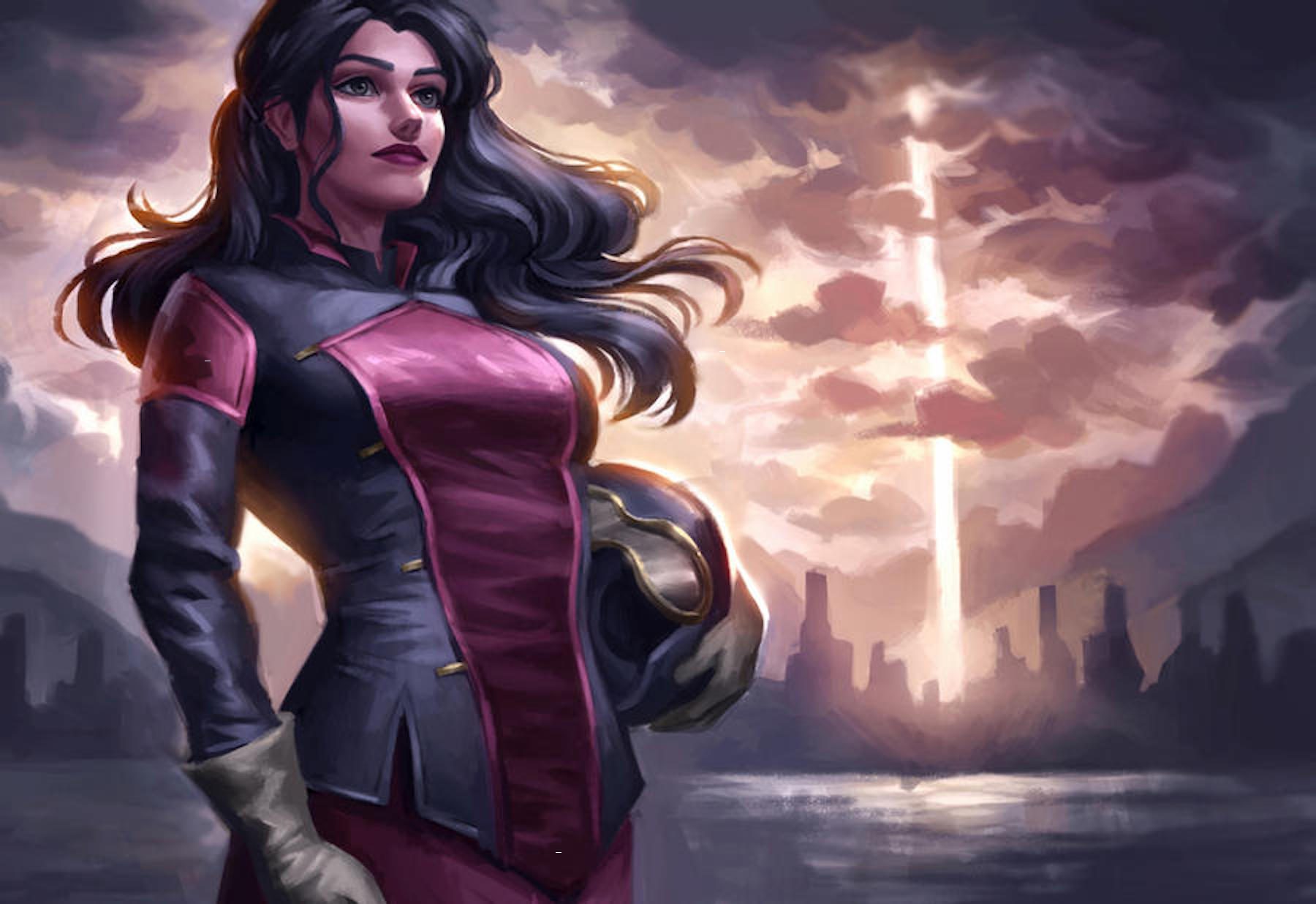 Asami Sato from Avatar franchise, standing against the wind with stormy background.