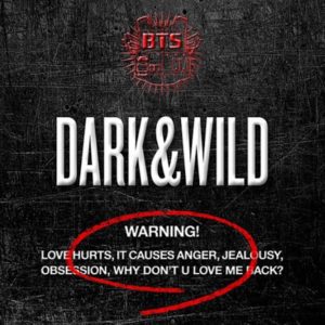 Cover for Dark and Wild by BTS, distressed black background with red and white typography.