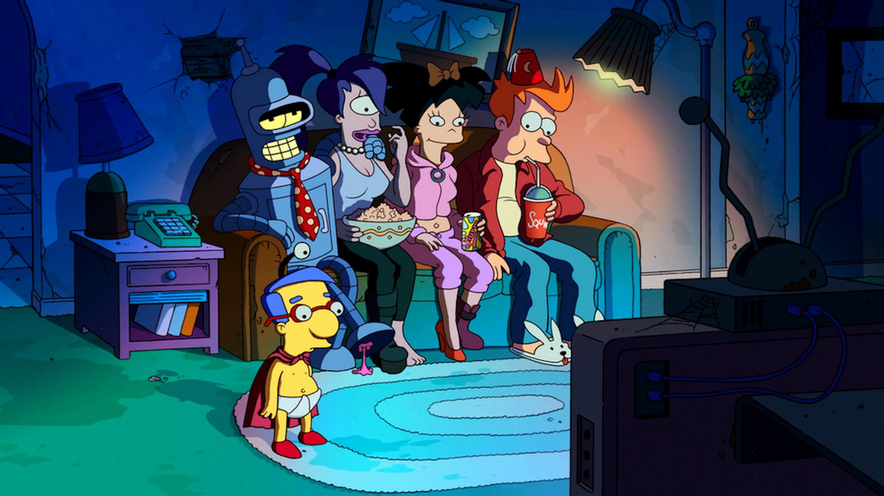 Bender, Leela, Amy, and Fry from Futurama in a Simpsons couch gag, featuring Milhouse.