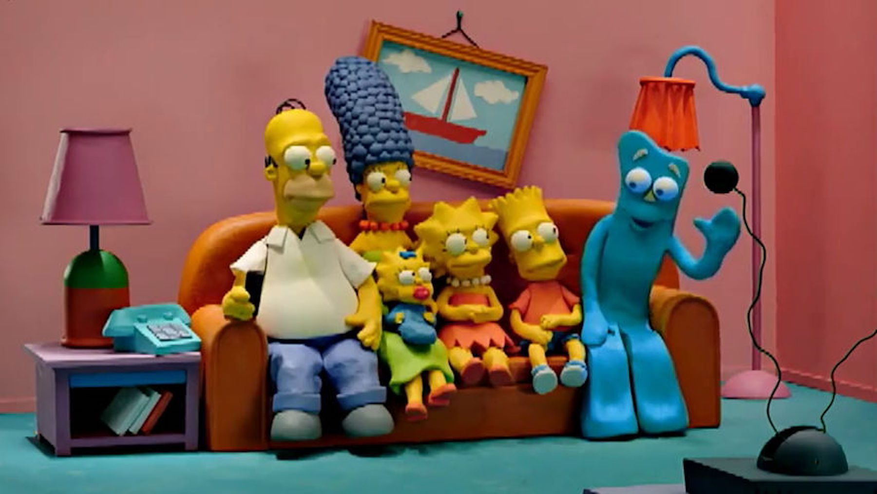 Claymation Simpsons couch gag featuring Gumby.