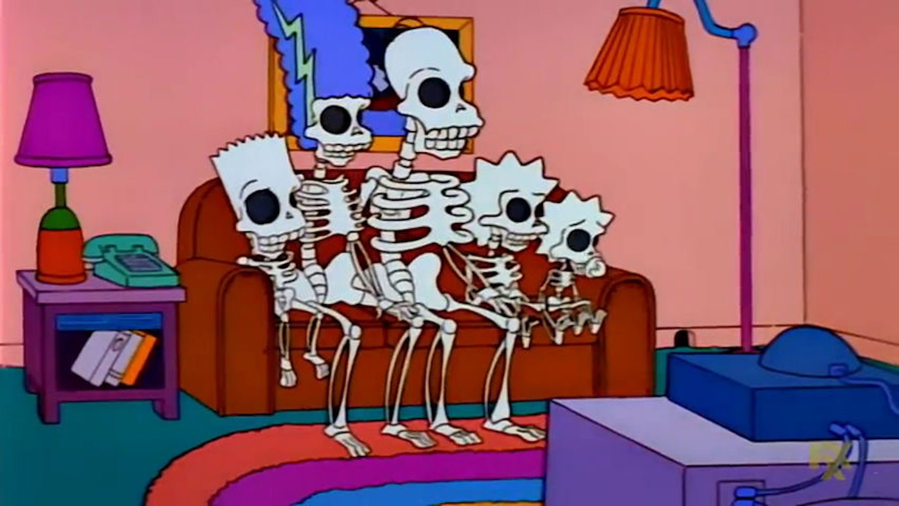 Simpsons couch gag with the family as skeletons. 