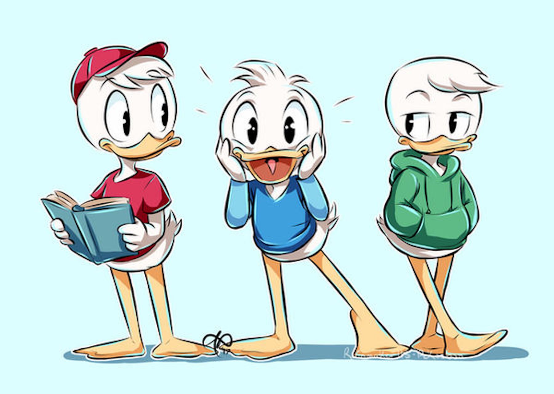 Huey, Dewey, and Louie from DuckTales, standing in their signature colors of red, blue, and green shirts. 