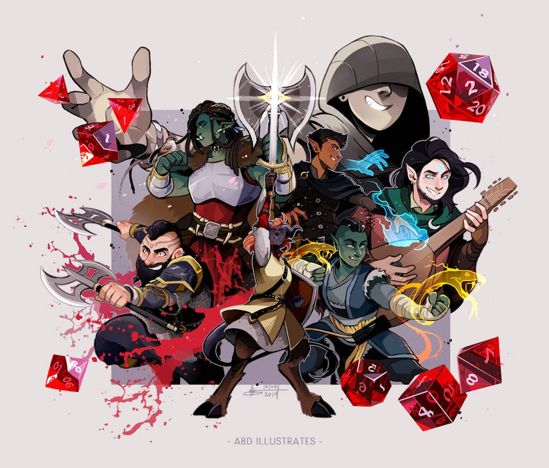 Cartoonish illustration of various races and classes of characters from the popular dungeons and dragons game surrounded by the dice used to play the game