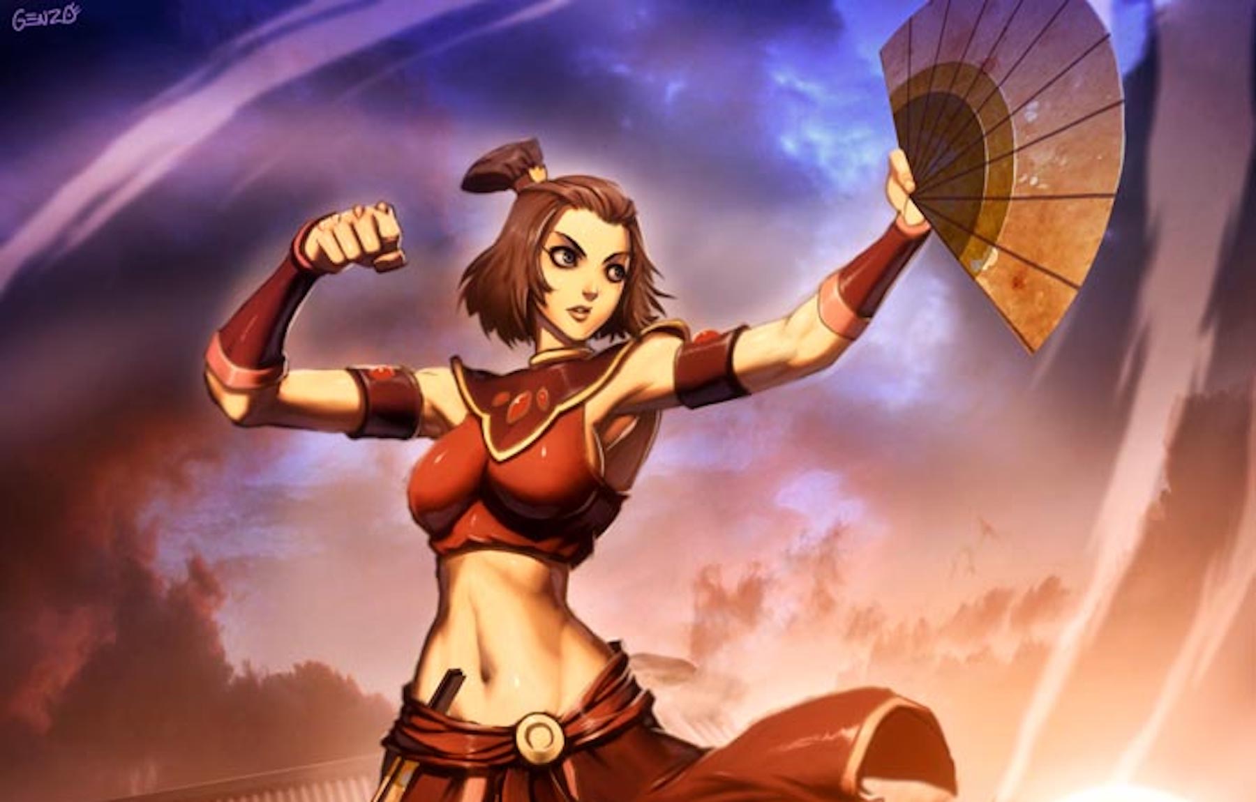 Suki of the Avatar non-benders, holding a metal war fan against fiery background.