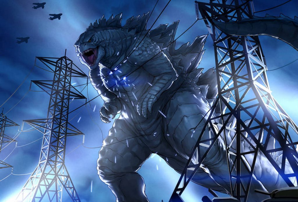 Godzilla bursting through sparking powerlines, while military planes and vehicles gather below. This Godzilla is heavily armored in scales, and walks more upright than early versions in the franchise.