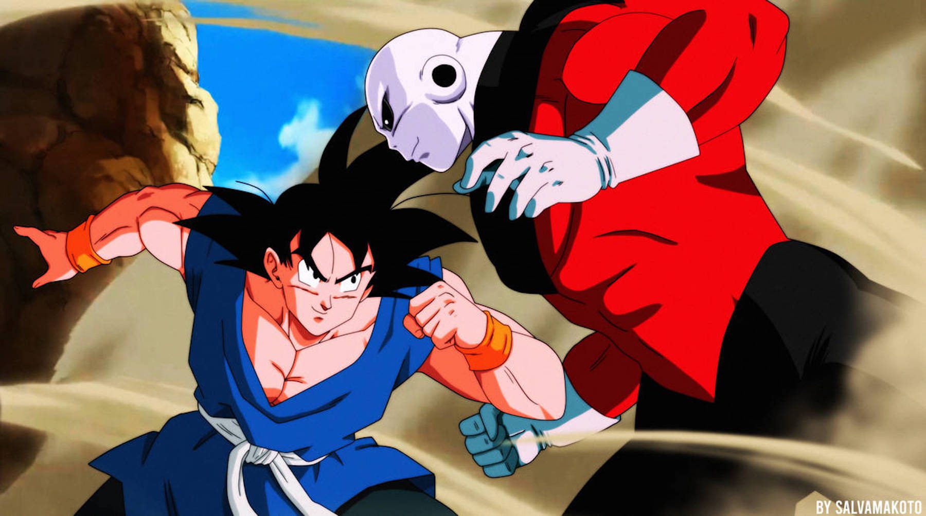 Goku fighting Jiren from Dragon Ball series of the 80s. 