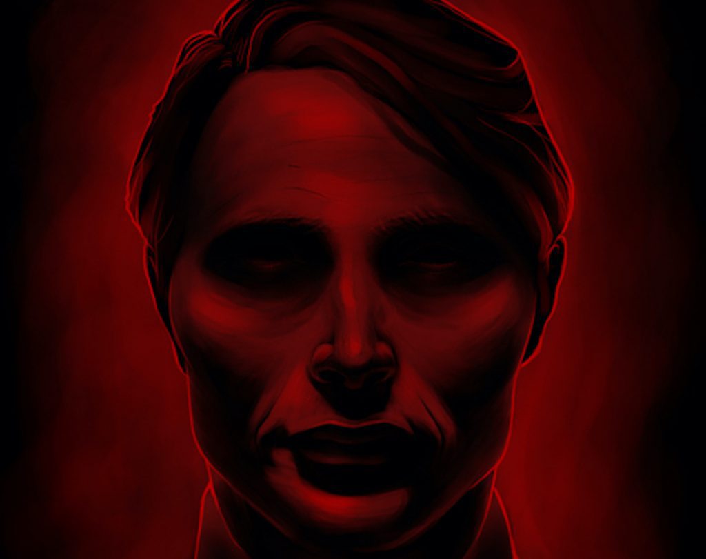 Hannibal as a young serial killer in black and red, staring ominously.