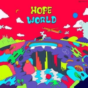 Hope World album cover, colorful and bright abstract landscape.