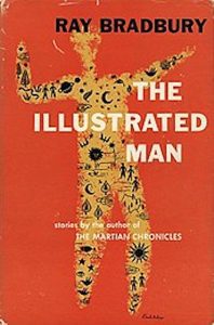 Cover for The Illustrated Man and Other Stories by Ray Bradbury, with an abstract figure against red background.