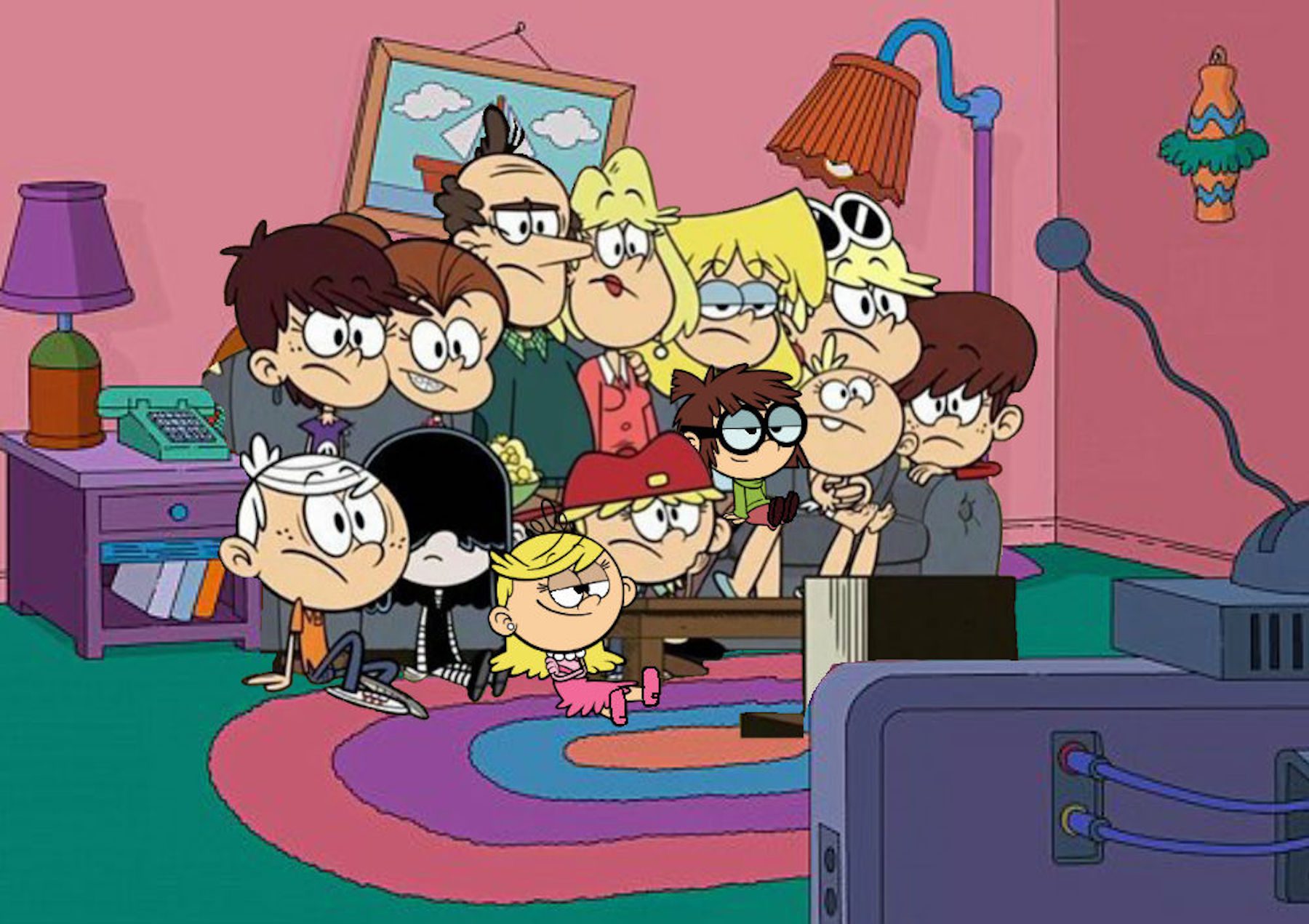 The Loud Family from the Loud House piled on the Simpsons couch. 