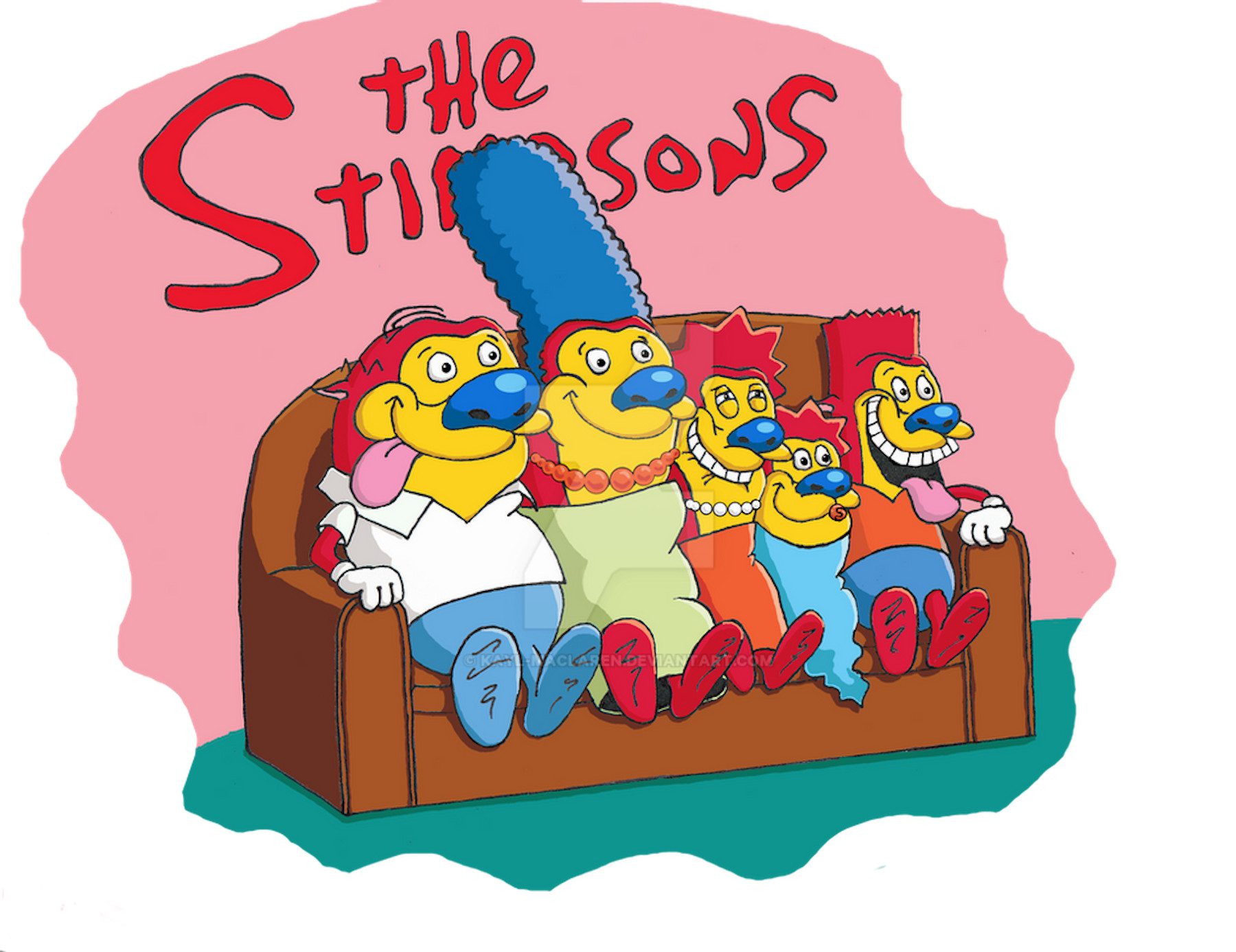The Simpsons couch gag with characters stylized as Stimpy from the Ren and Stimpy Show.