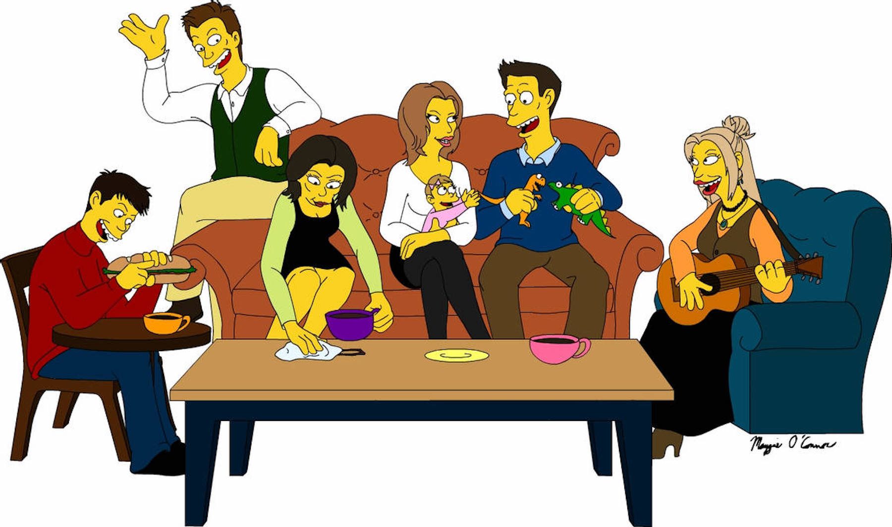 An animated style cast of Friends gathered on the Simpsons couch at Central Perk.
