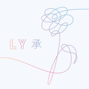 Cover for Love Yourself: Her by BTS, abstract doodle of a flower and typography in yellow, pink, and blue gradient against white background.