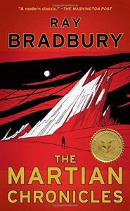 Cover for the Martian Chronicles, a collection of short stories by Ray Bradbury. Red, black, and white illustration of rock formation and small figure.