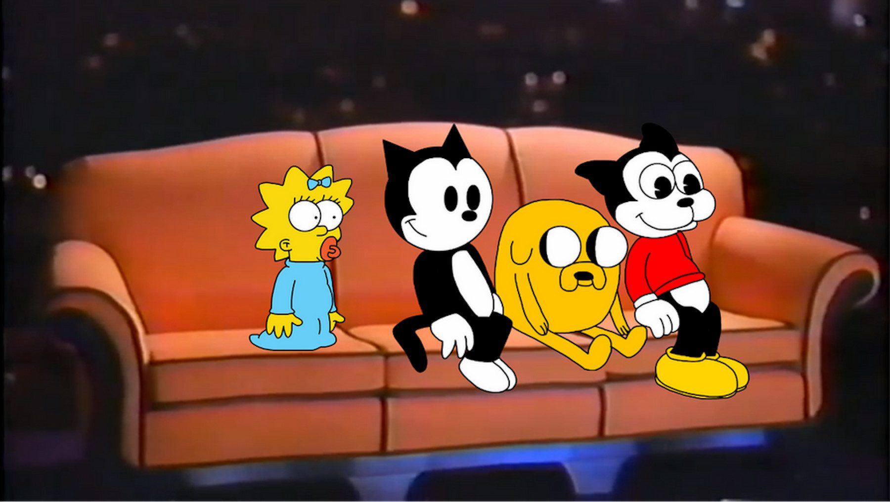 Maggie Simpsons sitting on couch with Felix and Jake from Adventure Time.