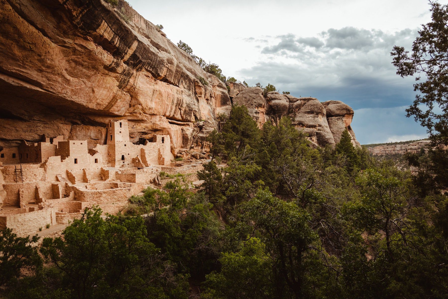 Cliff Palace, ancient homes carved into rock wall at Mesa Verde, one of four national parks in Colorado.