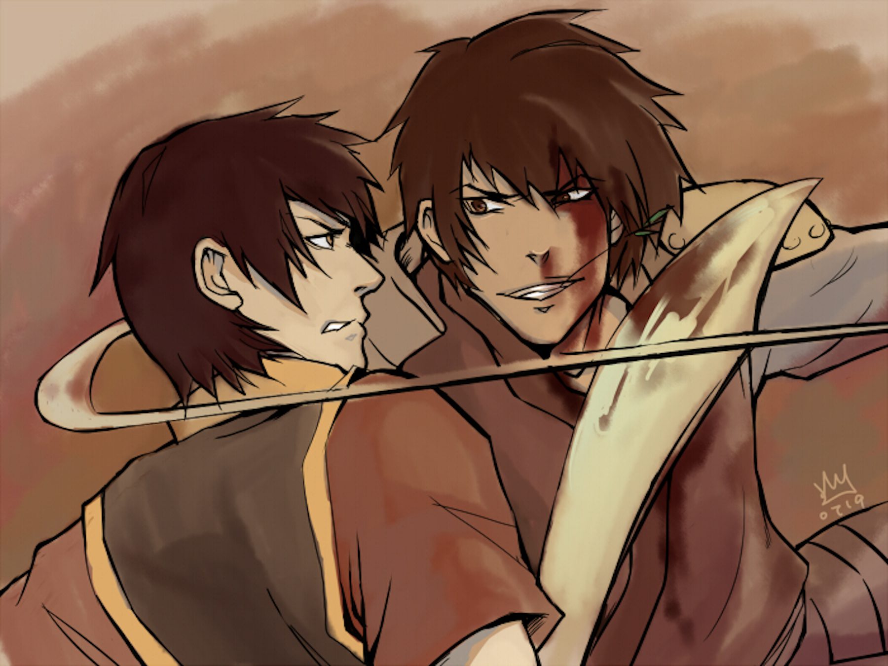 Jet, one of the non-benders from the Avatar franchise, with his hook enclosing around Zuko's neck.