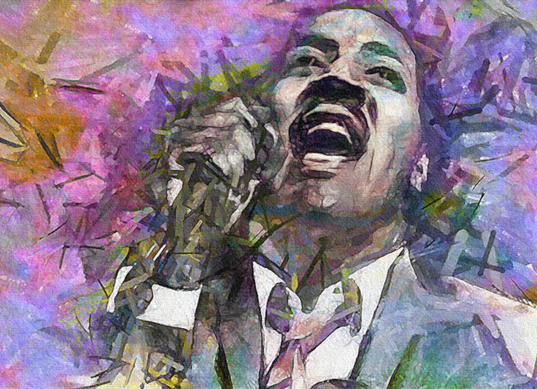 Otis Redding, one of America's greatest R&B and soul singers, holding a microphone against abstract watercolor background.