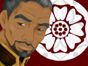 Piandao, Sokka's master in Avatar, against abstract flower background in red and white.