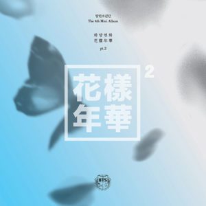 Cover for The Most Beautiful Moment in Life Part 2 by BTS, blurred blue sky and butterflies with translucent white typography.
