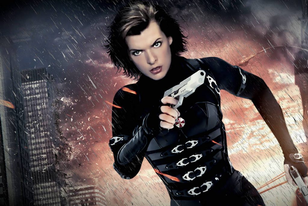 Milla Jovovich as Alice from the Resident Evil franchise, running from an explosion with guns in-hand.