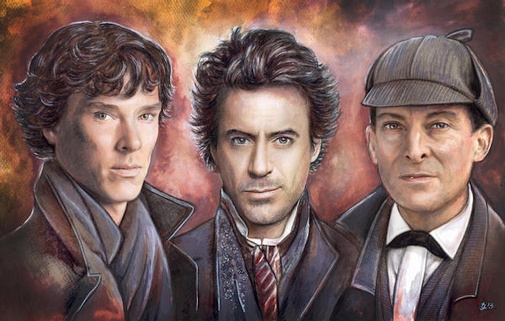 Various actors as Sherlock Holmes from different movies, including Benedict Cumberbatch and Robert Downey Jr.