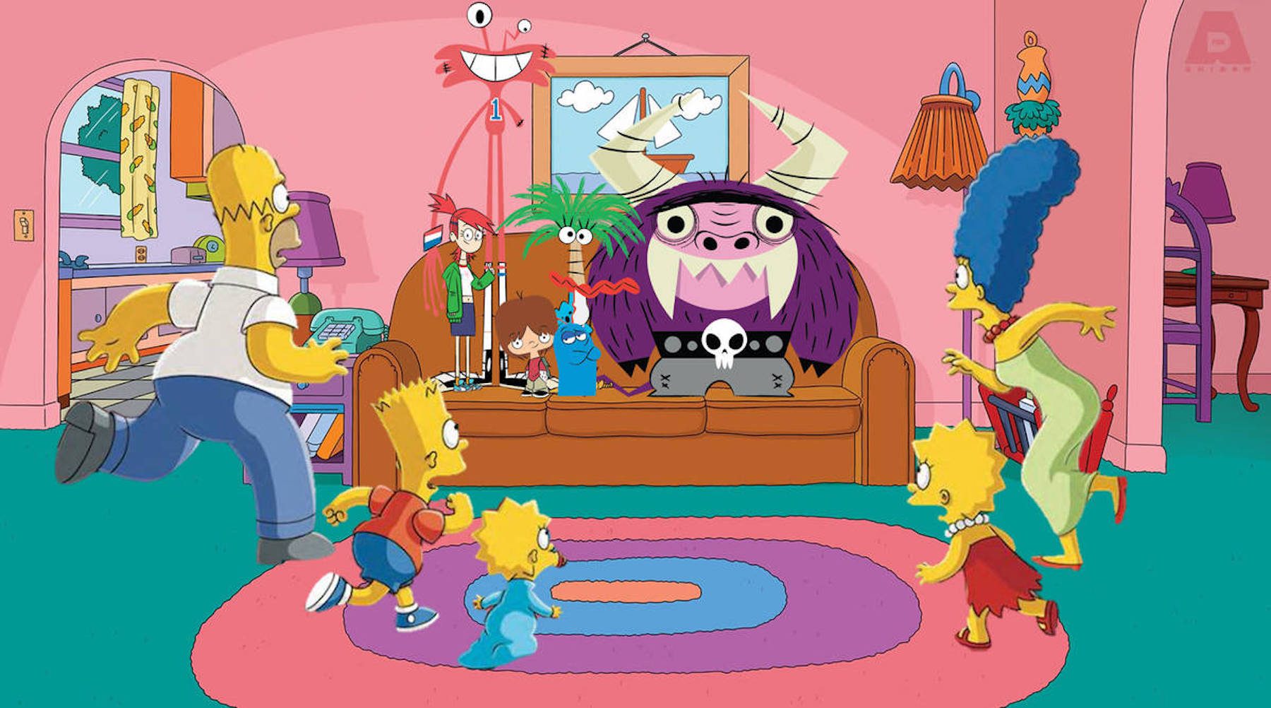 A Simpsons couch gag with the family discovering characters from Foster's Home for Imaginary Friends in their place.