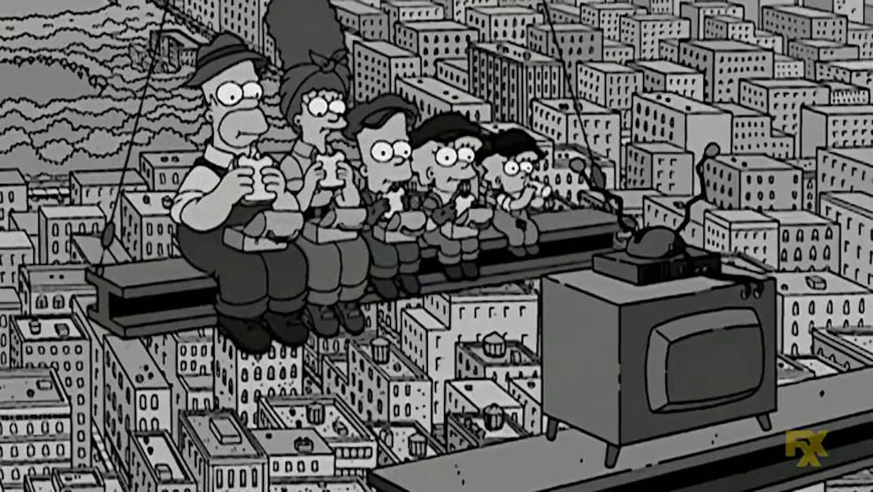 Black-and-white Simpsons intro gag, with family eating atop a 1920s girder instead of their couch.