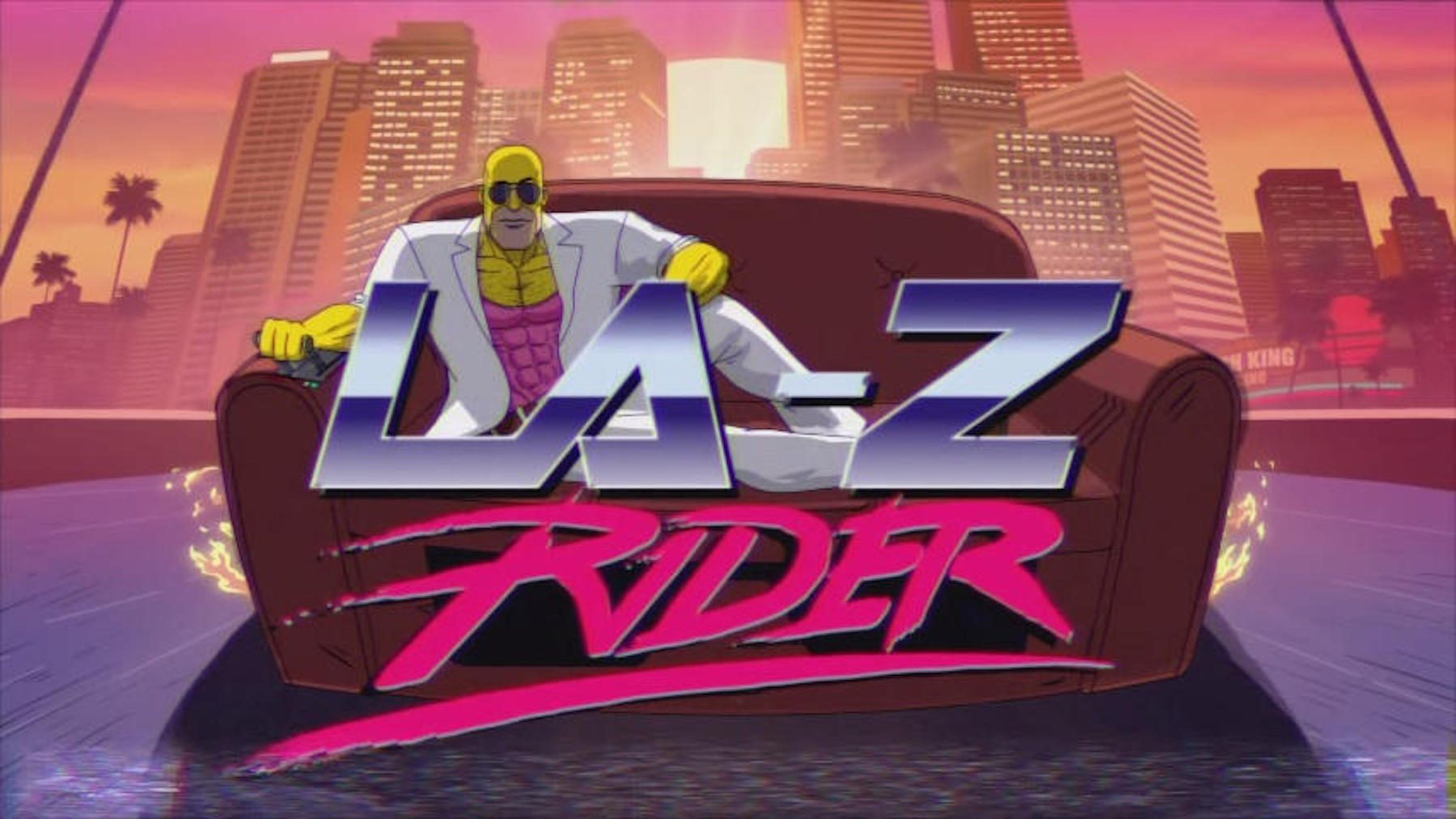 Shot from La-Z Rider Simpsons couch gag, with Homer as an 80s action star on his sofa.