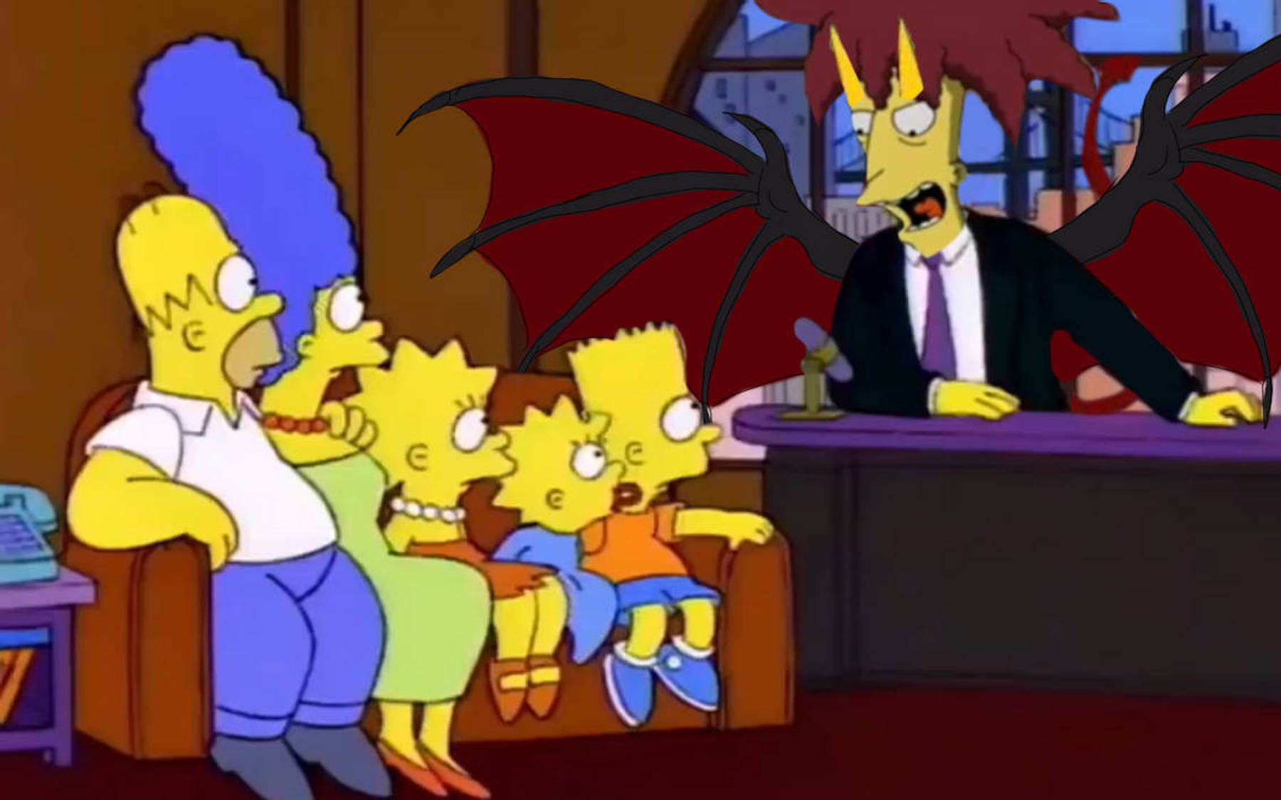 Simpsons couch gag with Sideshow Bob in vampire or demon attire.