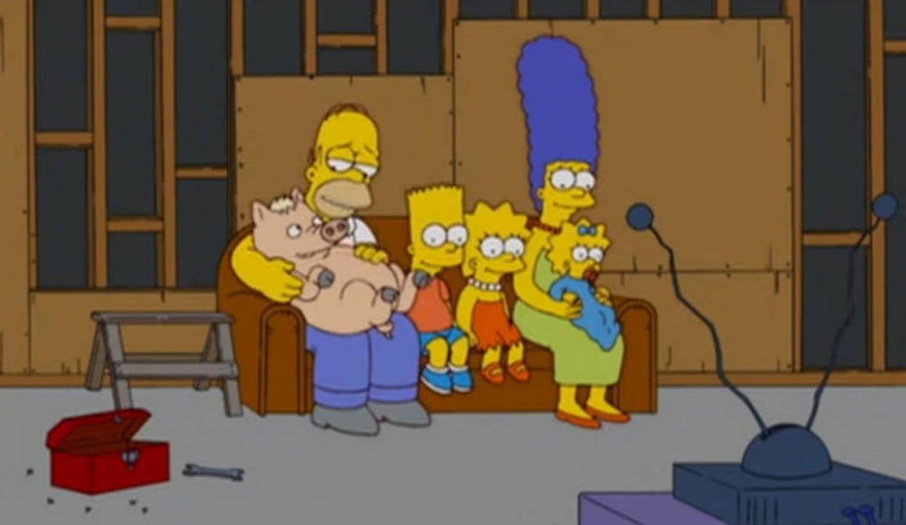 The Simpsons couch gag after the release of the Simpsons movie, with the house under construction. 
