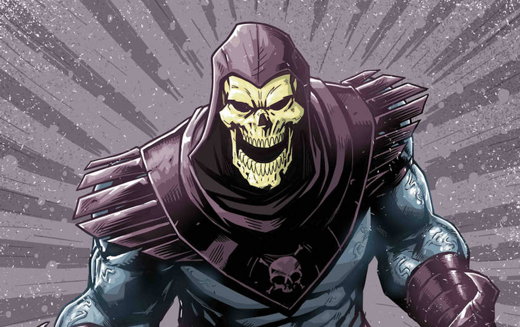 Skeletor from 80s cartoon He-Man and Masters of the Universe, posing menacingly against a purple and gray background. 