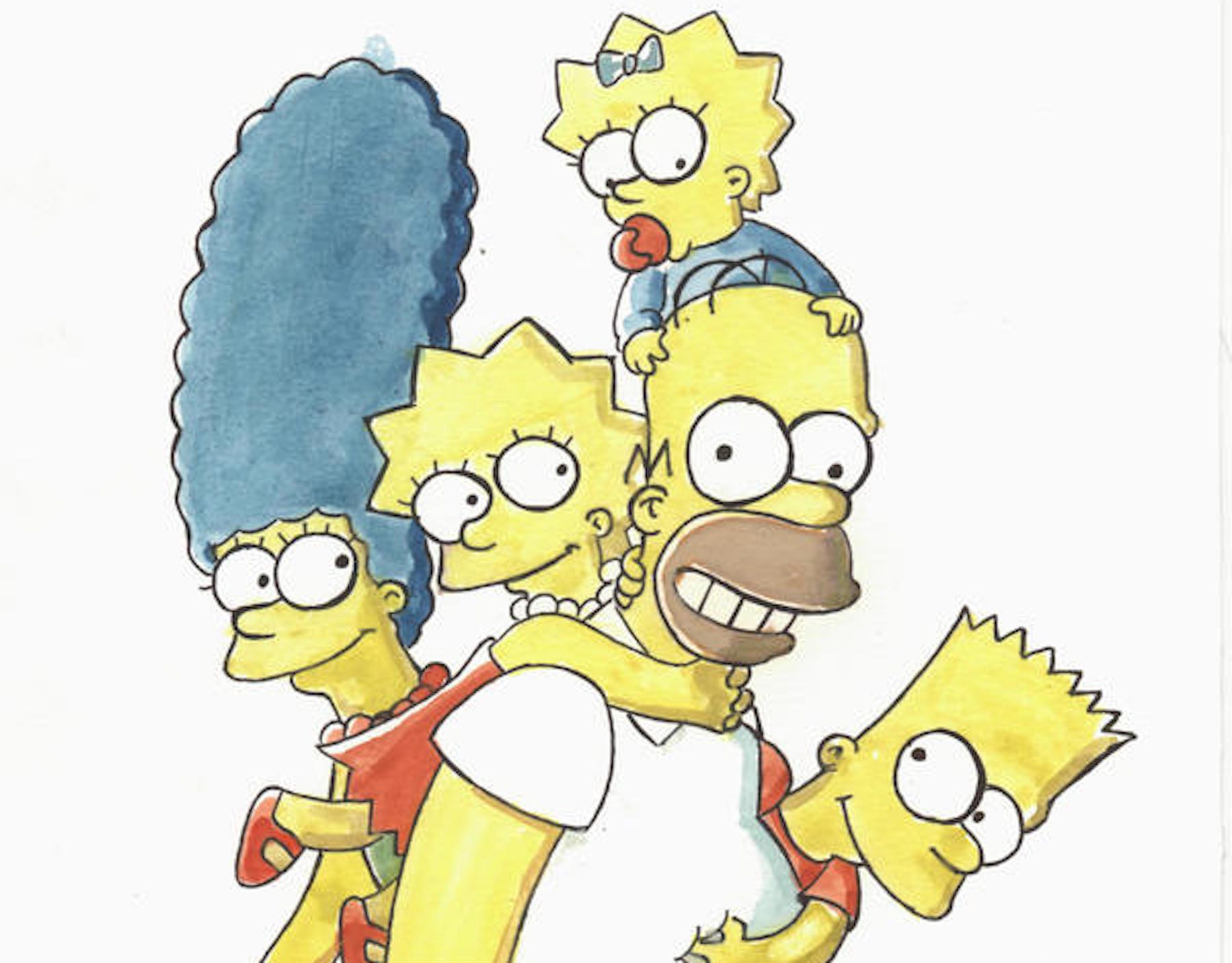 Homer, Marge, Bart, Lisa, and Maggie from the SImpsons, gathered together and smiling.