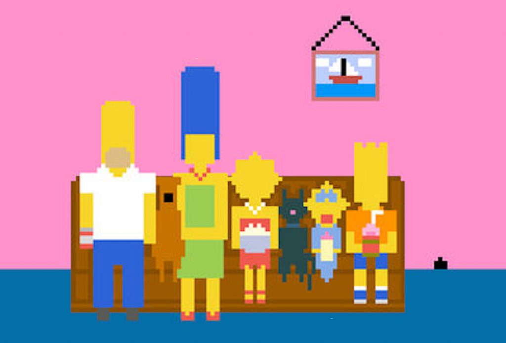 Pixelated Simpsons couch gag.