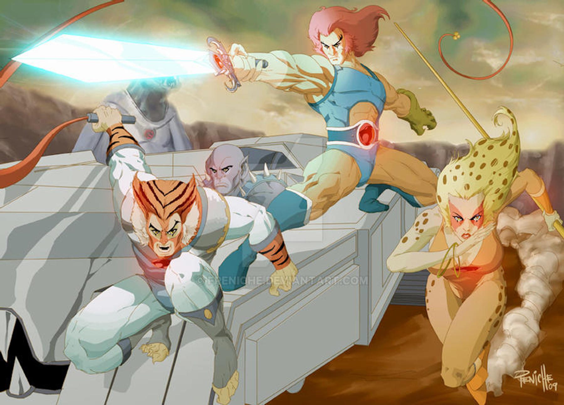 Characters from Thundercats, posed and ready to fight, on a rocky planet.