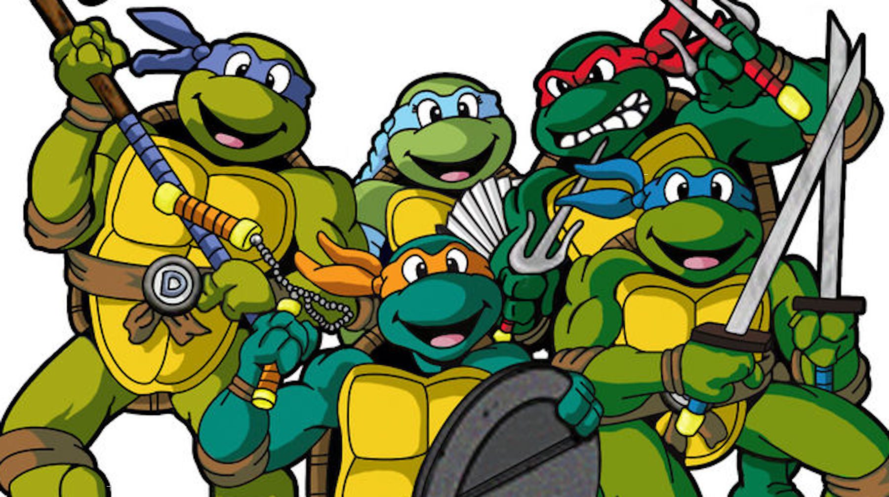 Leonardo, Michelangelo, Donatello, and Raphael from Teenage Mutant Ninja Turtles as they appeared in the original 80s version of their cartoons, smiling and posing with weapons.