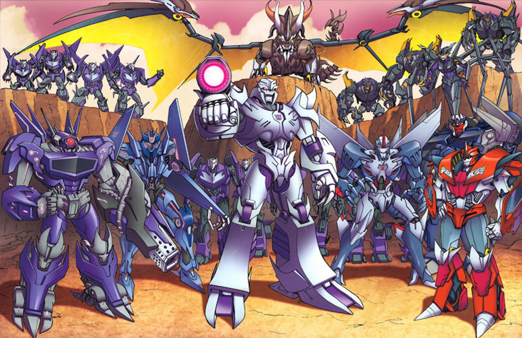 Characters from Transformers assembled in an action pose.
