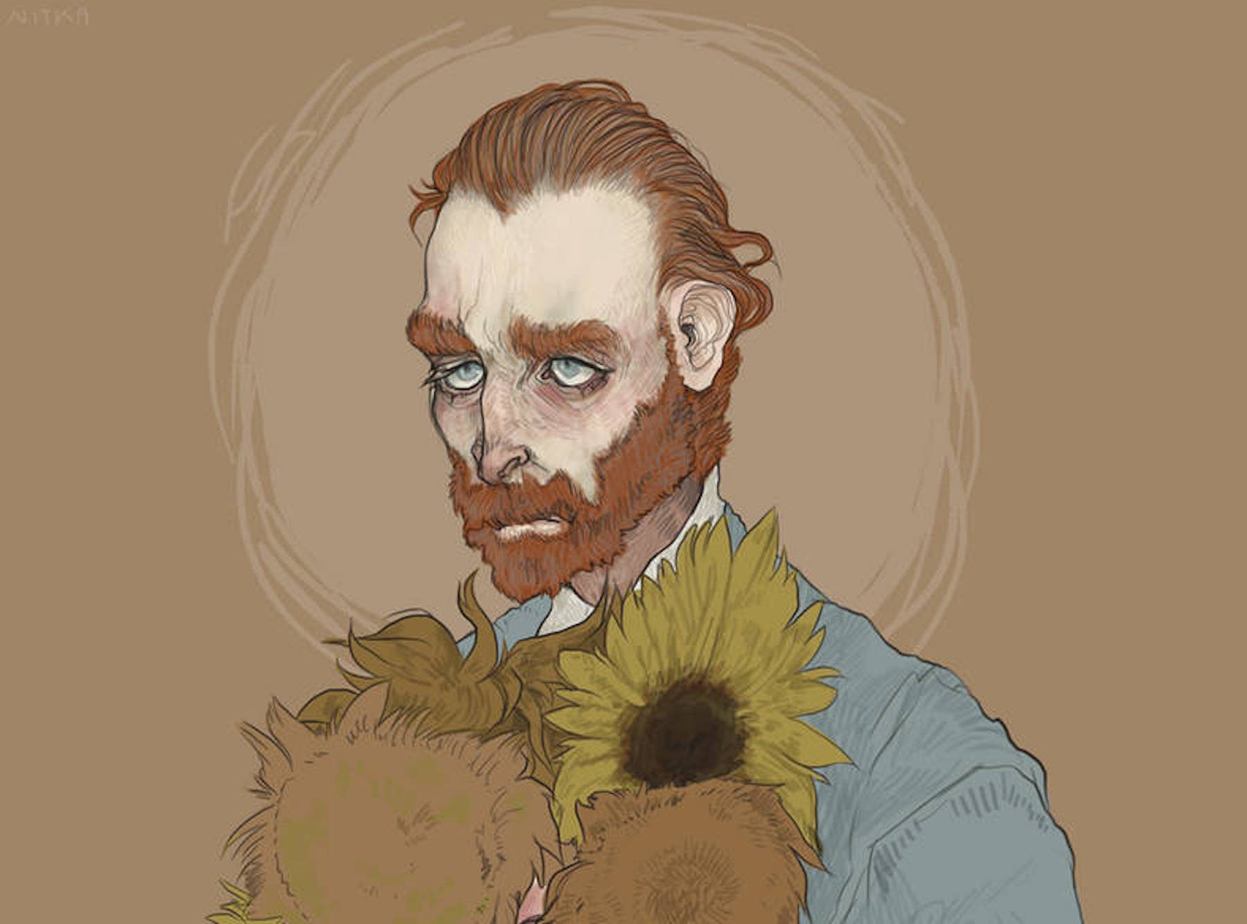 Vincent van Gogh holding sunflowers and appearing melancholic against a simple brown background, cartoon-style portrait.