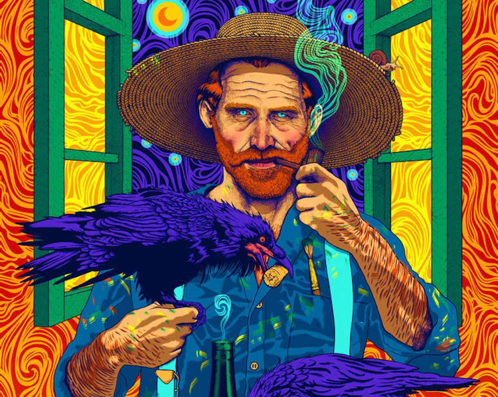 A portrait of Vincent Van Gogh in his swirling, brightly colored style, holding a crow while smoking a pipe; Van Gogh is one of the most notable artists to only achieve fame after death.