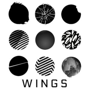 Cover for Wings by BTS, white background with 9 abstract circles in a grid and black text at bottom.