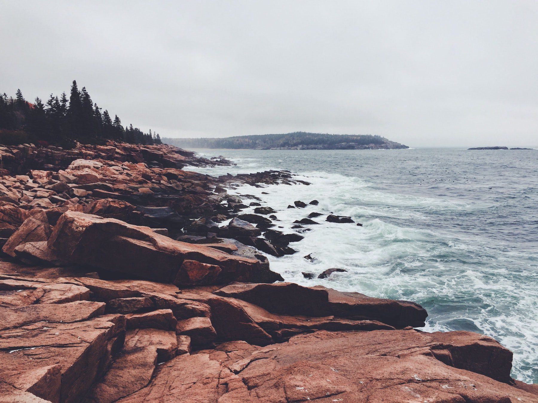 Rocky coastline and churning waters at Acadia National Park on an overcast day.