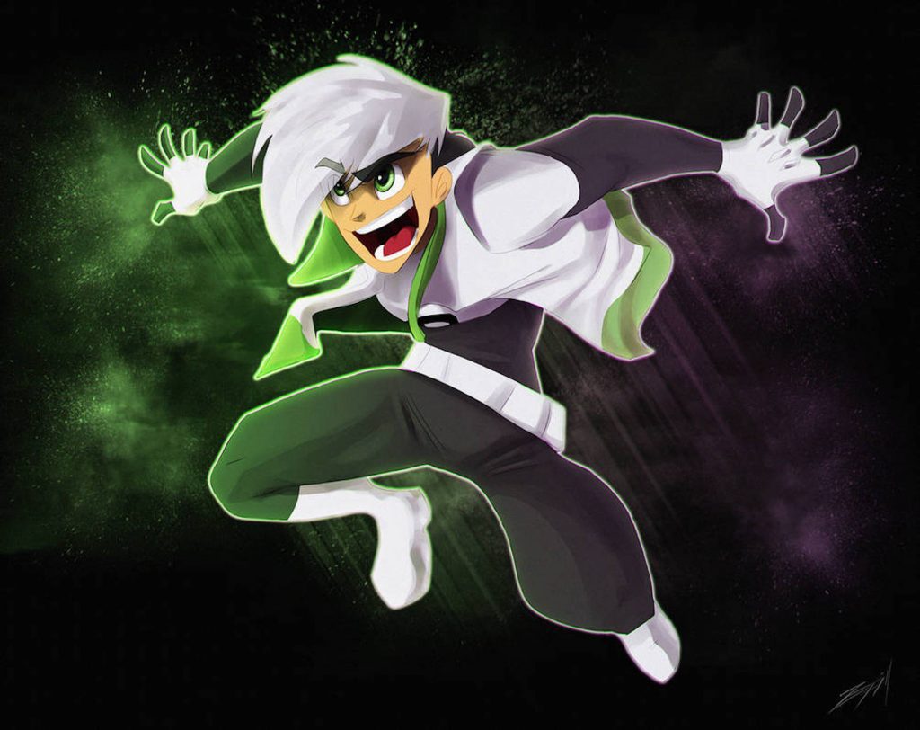 Danny Phantom leaping into mid-air in ghost form.