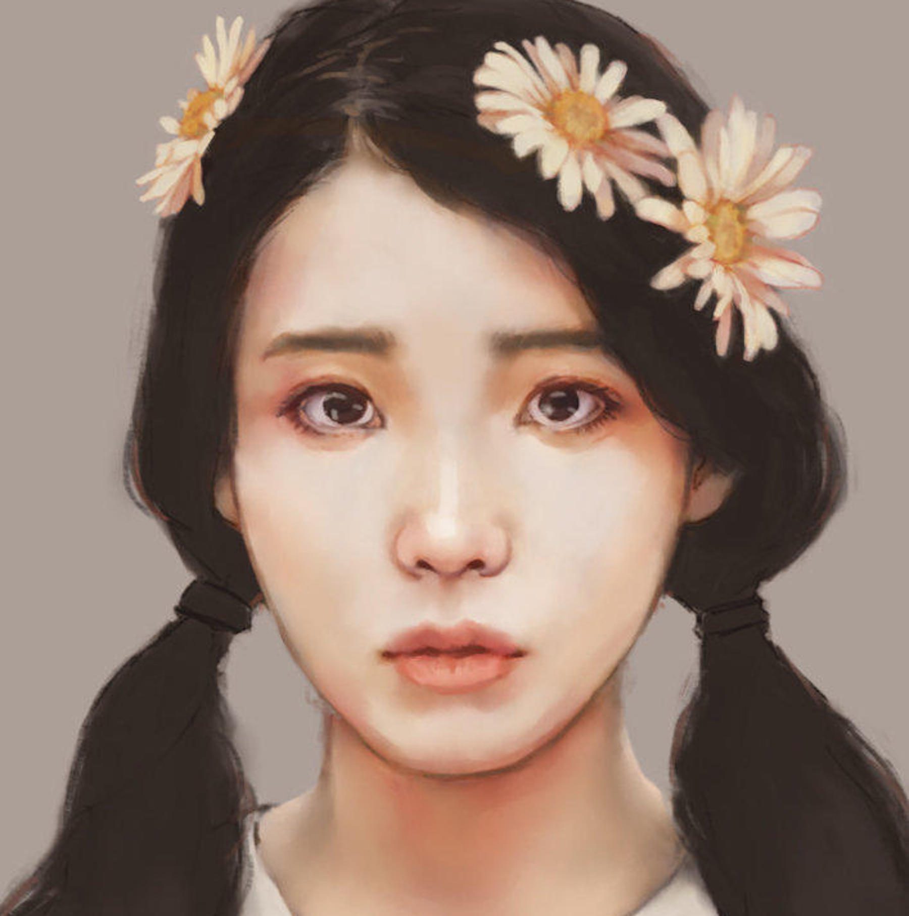 K-pop idol IU with daisies in her hair, oil pastel digital rendering.