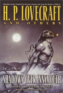Cover of Shadow Over Innsmouth by H.P. Lovecraft with mythical being Cthulhu emerging from the sea under a full moon. 