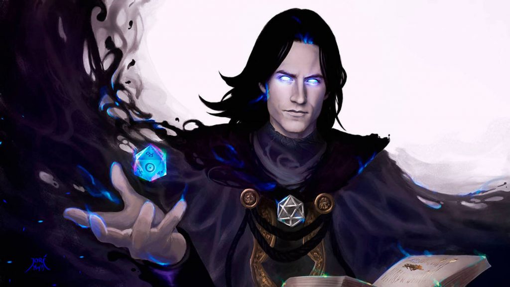 Artistic rendering of a dungeon master, the leader of a game of Dungeons & Dragons, wielding a floating blue D20 dice.