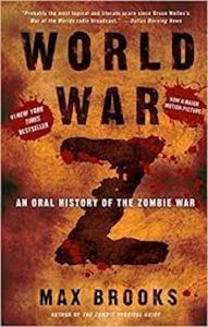 Book cover for World War Z, text overlaid on corroded or worn surface with blood splatters. 
