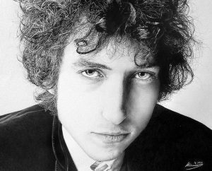 A young Bob Dylan wearing black jacket and collared shirt, black and white image in pencil by SolyiKim.