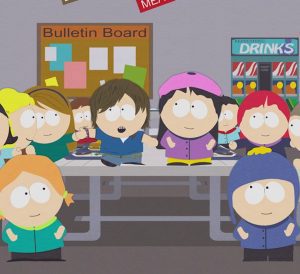 Bridon Gueermo dancing and singing on cafeteria table with other South Park characters.