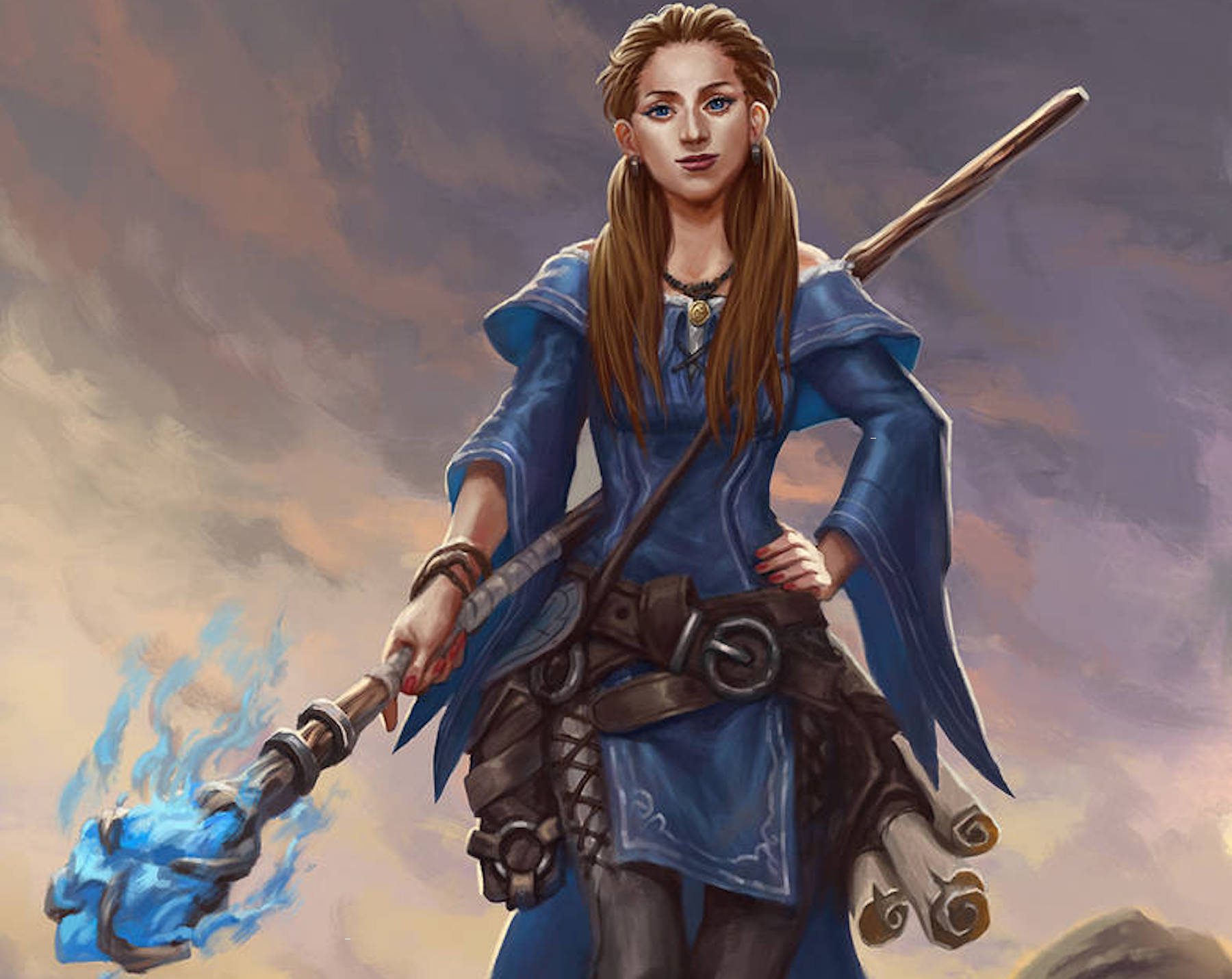A cryomancer wizard monk, female with long brown hair, blue tunic, wielding a staff.