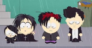 The Goth Kids from South Park standing in the rain staring at ground.